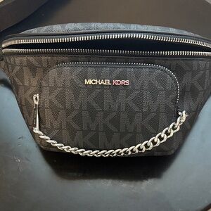 Michael Kors Black MK Logo Men's Belt Bag with Silver Chain